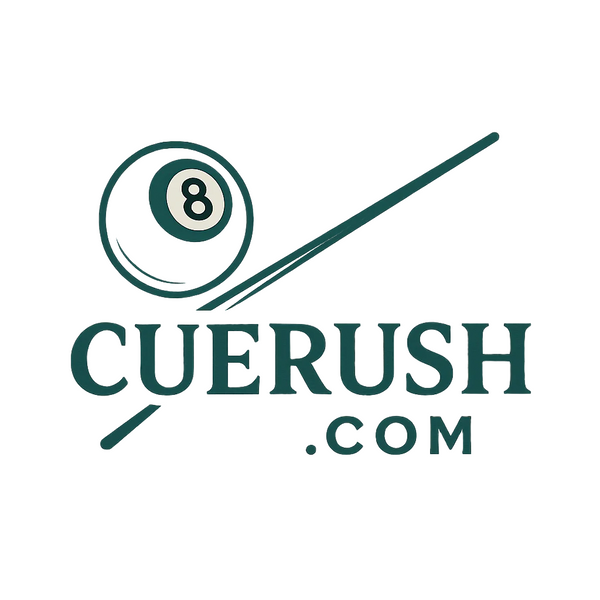 Logo of Cuerush with an 8-ball and cue stick on a white background